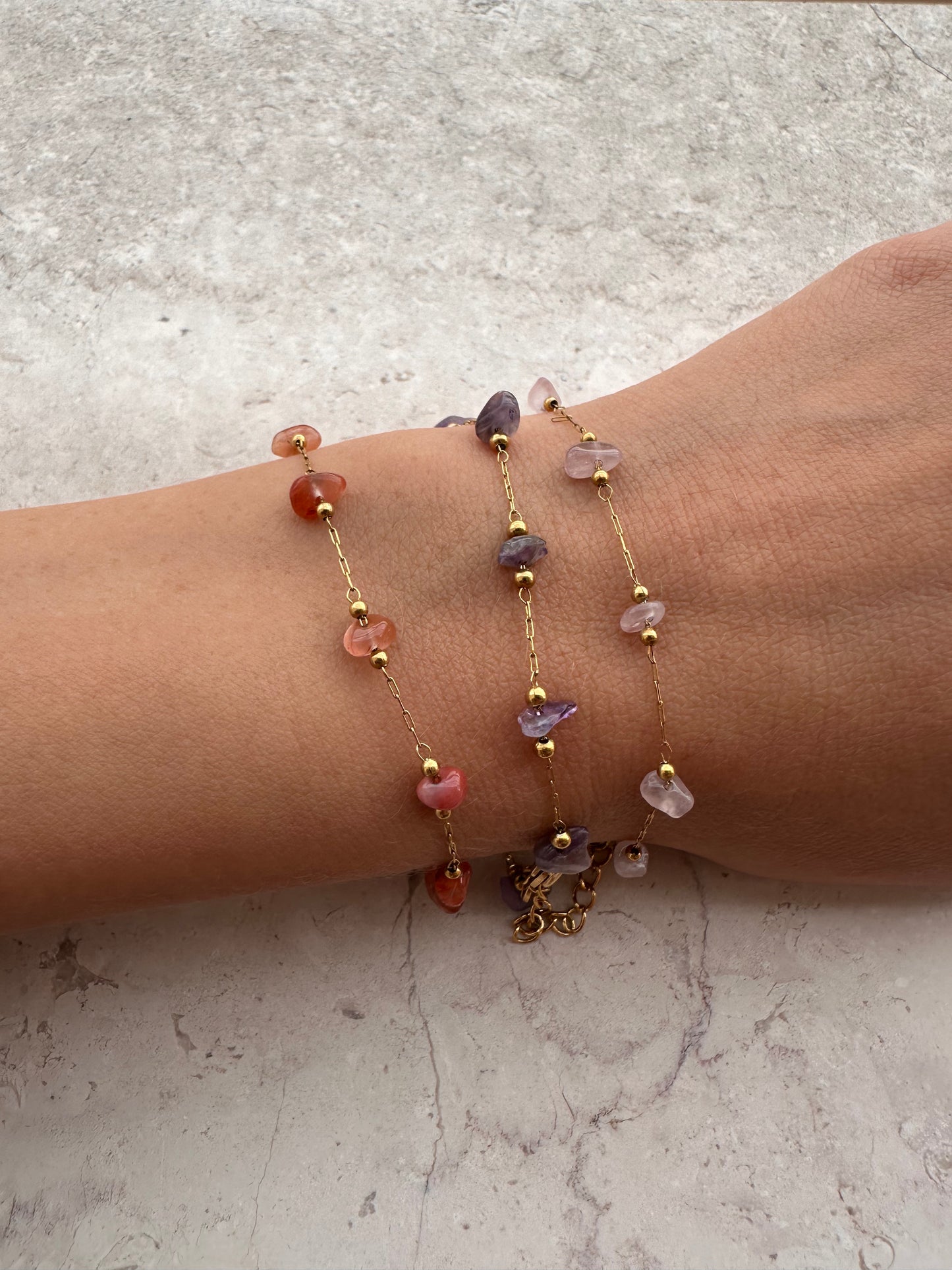 Bracciali di Chips in Ametista, Corniola, e Quarzo Rosa